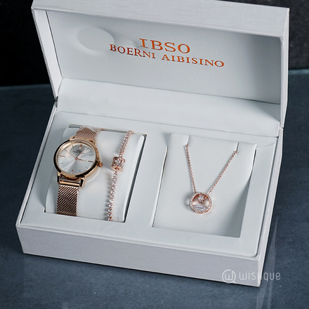 IBSO Ladies Quartz Rose Gold Round Watch And Crystal Jewelry Gift Set RG3623