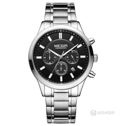 MEGIR Chronograph Quartz Watch for Men - Silver Black