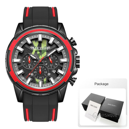 MEGIR Sport Chronograph Watch With Silicone Strap Black Red MN2133G-BK-1N8