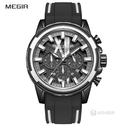 MEGIR Sport Chronograph Watch With Silicone Strap Black White MN2133G-BK-1N7