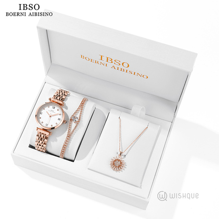 IBSO Ladies Quartz Rose Gold Watch And Glamour Jewelry Gift Set 3666