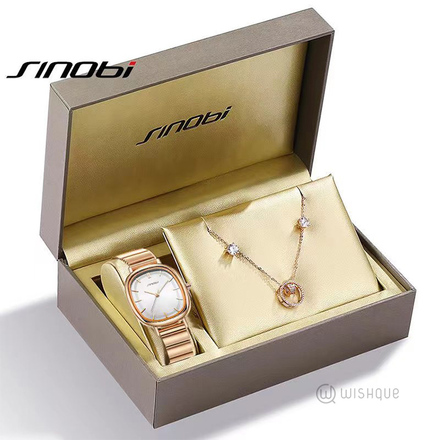 SINOBI Ladies Rose Gold Square Watch & Jewellery Set 9849