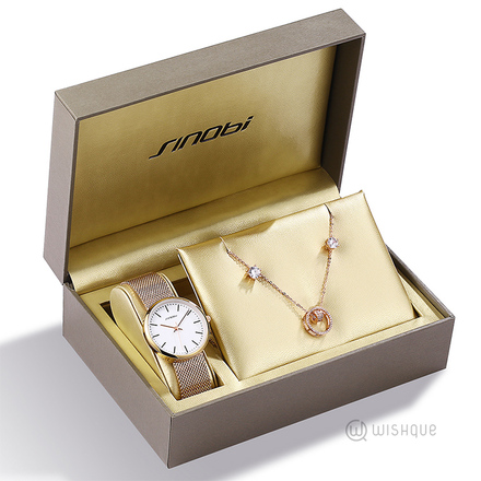 SINOBI Ladies Rose Gold Round Watch & Jewellery Set 9601