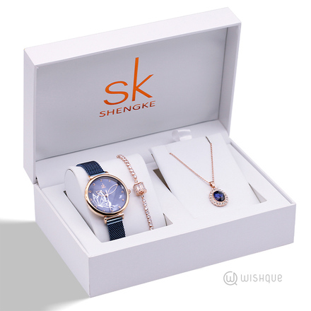 SK SHENGKE Blue Stainless Steel Woman's Butterfly Watch And Jewellery Set SK0189