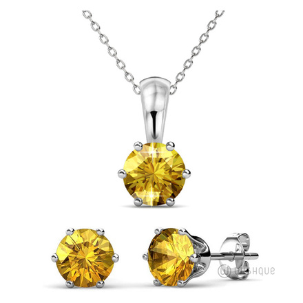 Citrine Pendant And Earrings Set With Cloe Crystals White-Gold