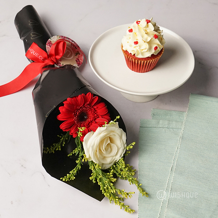 Floral Cascade Posy With Red Velvet Cupcake