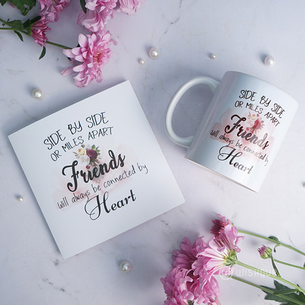 Friends Will Always Connected By Heart Printed Mug & Greeting Card