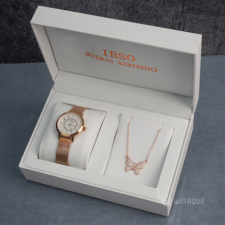 IBSO Ladies Quartz Rose Gold Round Watch And Butterfly Jewelry Gift Set