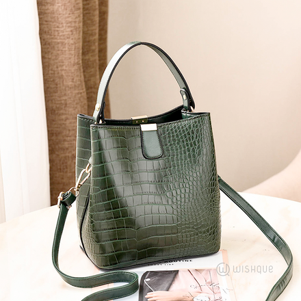 Green Women Crocodile Pattern Bucket Handbag