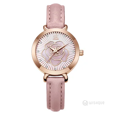 SK SHENGKE  Rose Gold Plated Floral Embellished  Leather Straps Watch  -K0148L02