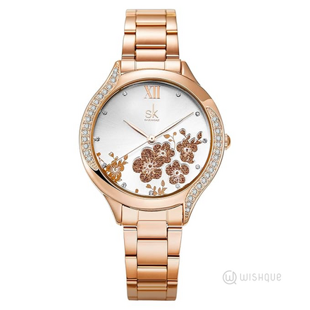 SK SHENGKE Elegant Rose Gold Flower Dial Women's Watch - K0172L