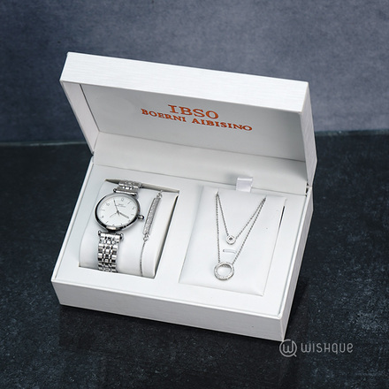 IBSO Ladies Quartz Silver Watch And Jewelry Gift Set