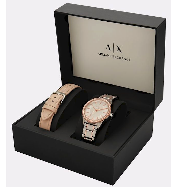 Armani Exchange AX7103 Rose Gold Bracelet And Leather Strap Watch Gift Set  - Wishque | Sri Lanka's Premium Online Shop! Send Gifts to Sri Lanka
