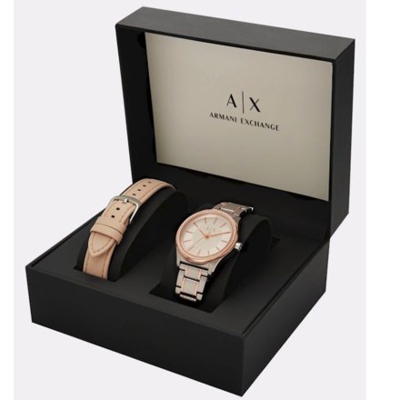 Armani Exchange AX7103 Rose Gold Bracelet And Leather Strap Watch Gift Set
