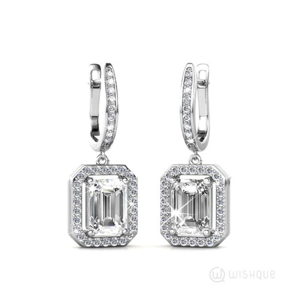 Angelic Rectangular Earrings With Swarovski Crystals White-Gold Plated