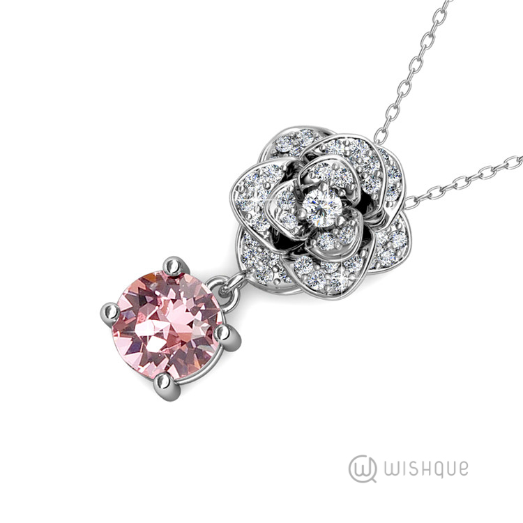 Sparkling Rose Pendant And Earring Set With Swarovski Crystals White-Gold Plated