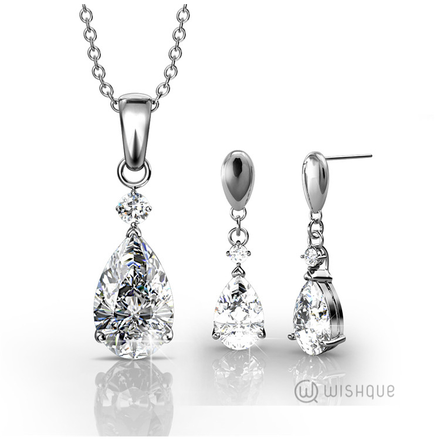 Dew Drop Pendant And Earrings Set With Swarovski Crystals White-Gold Plated