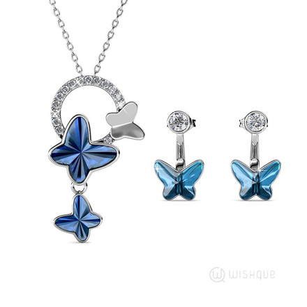 Symbolic Butterfly Pendant And Earring Set Swarovski Crystals White-Gold Plated