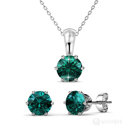 Emerald Birthstone Pendant And Earrings Set With Swarovski Crystals