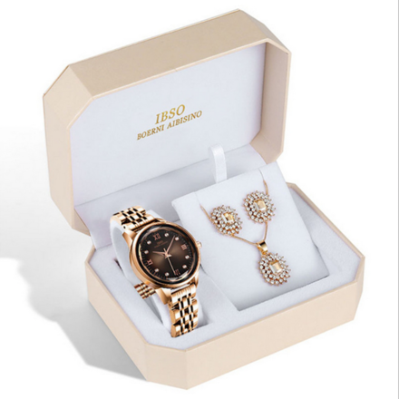 IBSO Ladies Quartz Rose Gold Crystal Dial Watch And Jewelry Gift Set