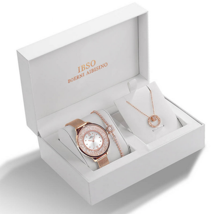 IBSO Ladies Quartz Rose Gold Stones Watch And Jewelry Gift Set