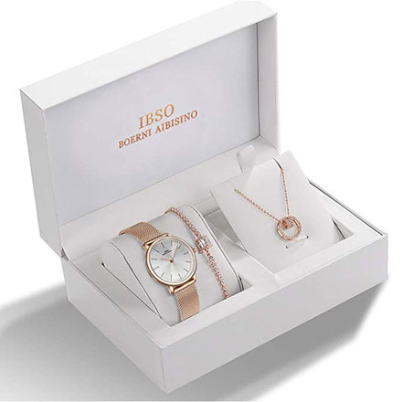 IBSO Ladies Quartz Rose Gold Round Watch And Jewelry Gift Set