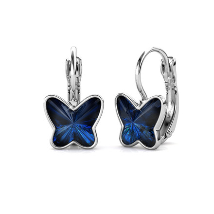 Blue Butterfly Hoop Earrings With Swarovski Crystals White-Gold Plated