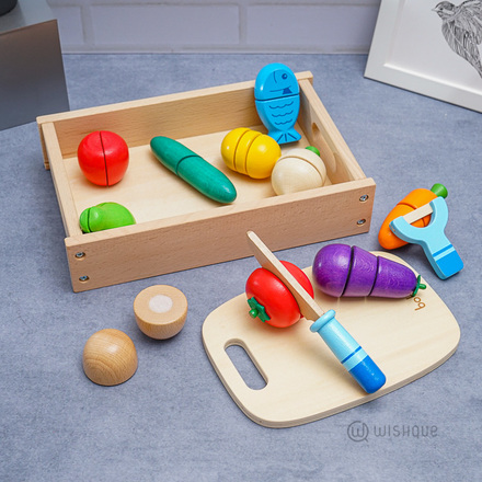 Wooden Box of Vegetables, Fruits & Cutting Set