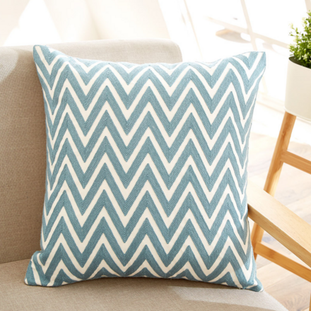 Nordic Style Embroidered Cotton Cushion ZigZag Blue Stripes