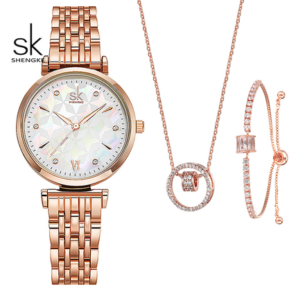 SK SHENGKE Ladies Stainless Steel Diamond Art Rose Gold Jewellery Set K0136