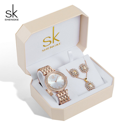 SK SHENGKE Ladies Stainless Steel Studded Stones Rose Gold Jewellery Set SK011