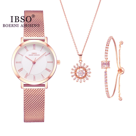 IBSO Ladies Quartz Rose Gold Watch And Jewelry Gift Set 3636-Floral Necklace