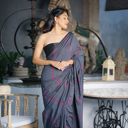 Ash and Red Striped Handloom Saree