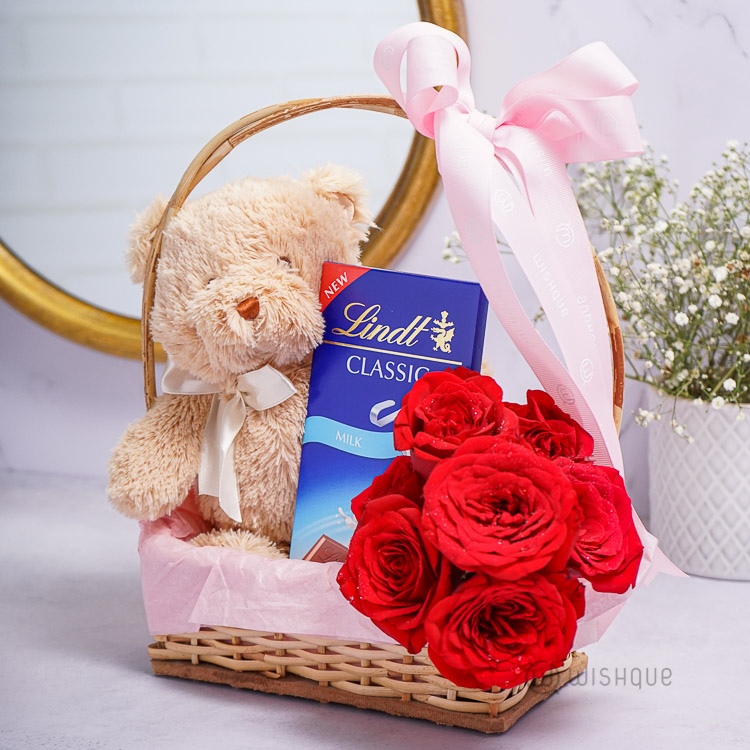 Roses & Chocolate Teddy Bear Gift Basket