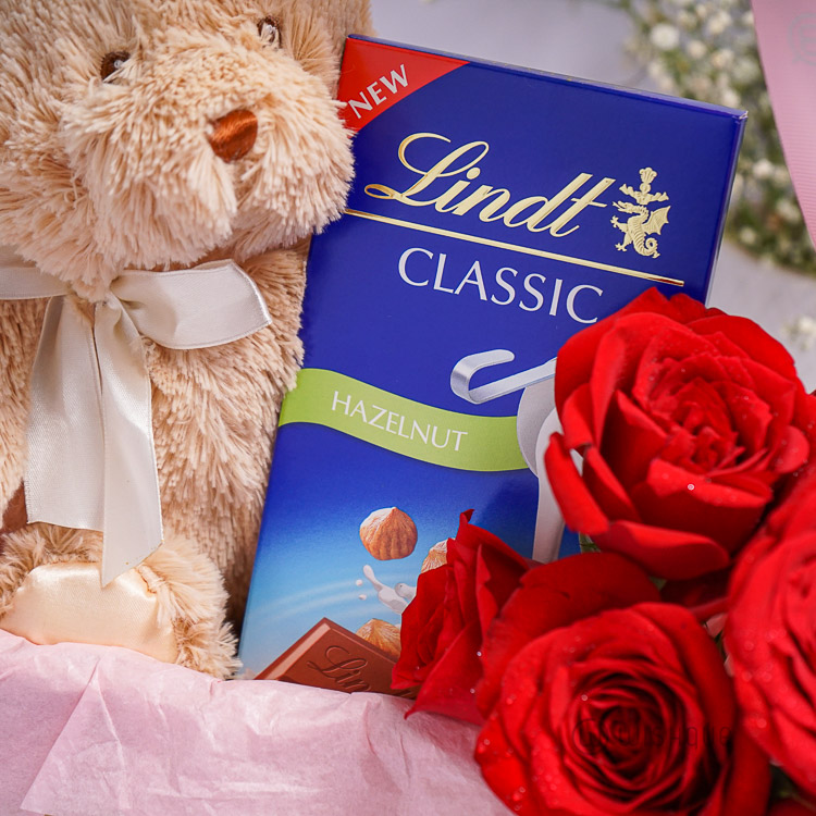Roses & Chocolate Teddy Bear Gift Basket