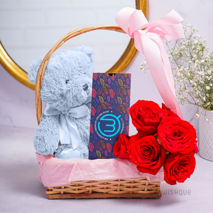 Roses & Chocolate Teddy Bear Gift Basket