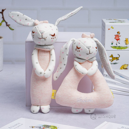 Cute Couple Rabbit Rattle Plush Toy Set - Pink