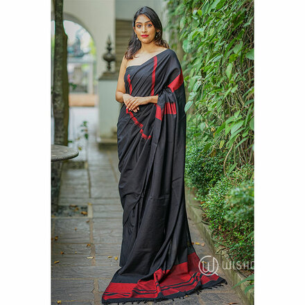 Black Colour Handloom Saree With Red Stripes