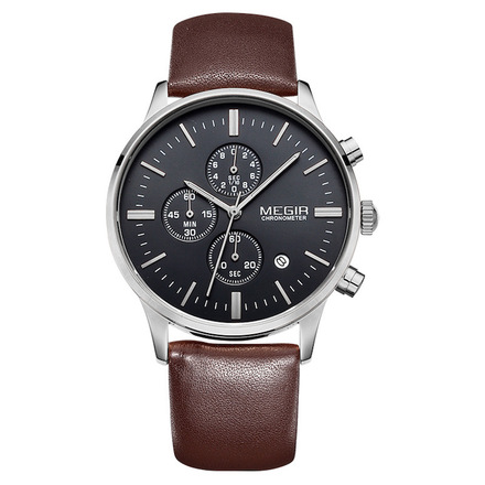 MEGIR Chronograph Luminous Stylish Leather Wristwatch - Black Brown