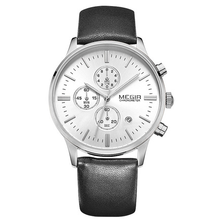 MEGIR Chronograph Luminous Stylish Leather Wristwatch - White Black