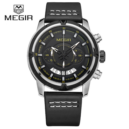 MEGIR Chronograph Sports Multifunction Watch with Leather Strap - Black