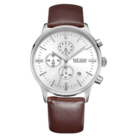 MEGIR Chronograph Luminous Stylish Leather Wristwatch - White Brown-ML2011GBN-7