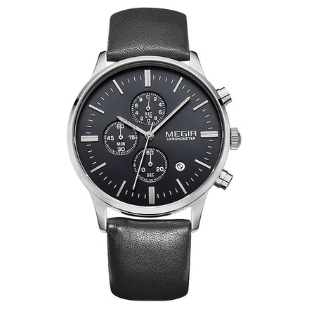 MEGIR Chronograph Luminous Stylish Leather Wristwatch - Black