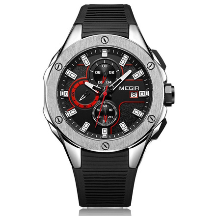 MEGIR Chronograph Men's Army Military Luxury Silicone Strap Watch - Black Silver