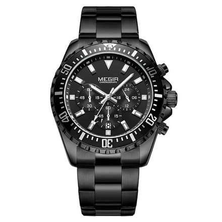 MEGIR Chronograph Men's Business Quartz Watch Stainless Steel All Black-MS2064G-