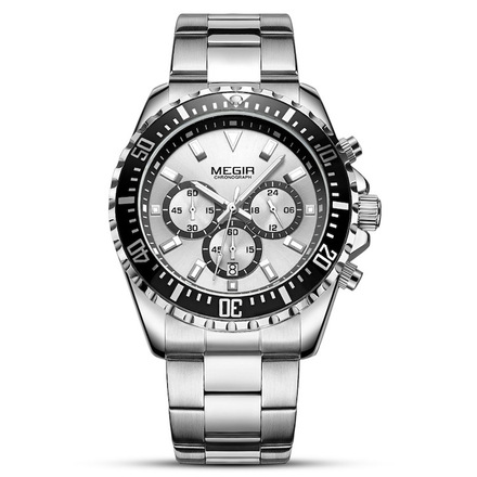 MEGIR Chronograph Men's Business Quartz Watch Stainless Steel Silver-MS2064G-1N7