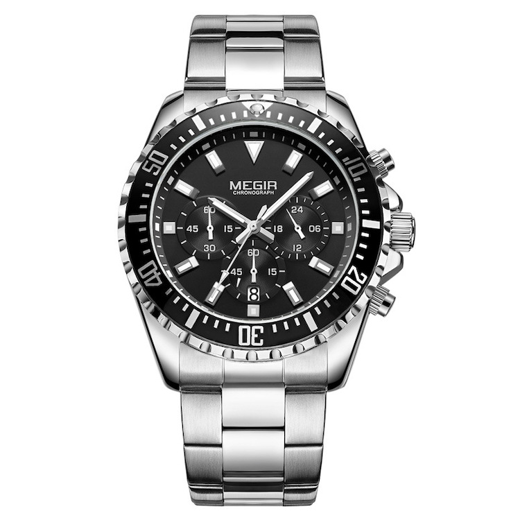 MEGIR Chronograph Men s Quartz Watch Stainless Steel Silver Black