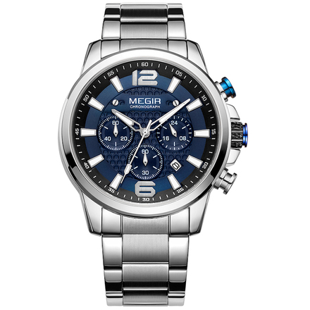 MEGIR Chronograph Luxury Business Watch for Him - Silver Blue MS2156G-2