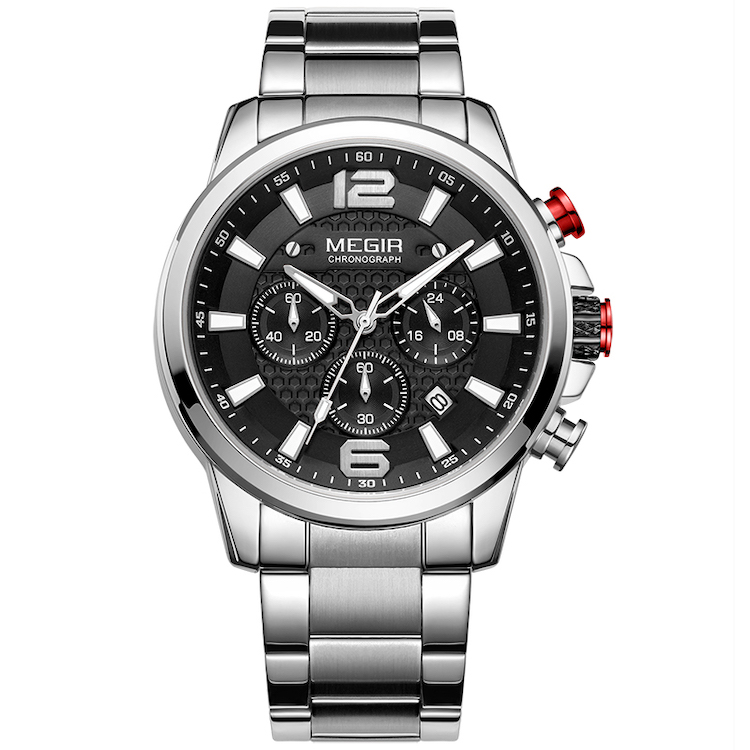 MEGIR Chronograph Luxury Business Watch for Him - Silver Black MS2156G-1