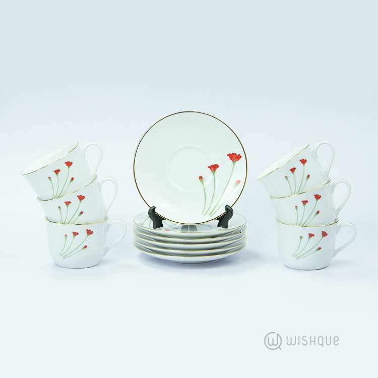 Red Flower 12 Pcs Dankotuwa Porcelain Tea Set - Dinnerware | Wishque